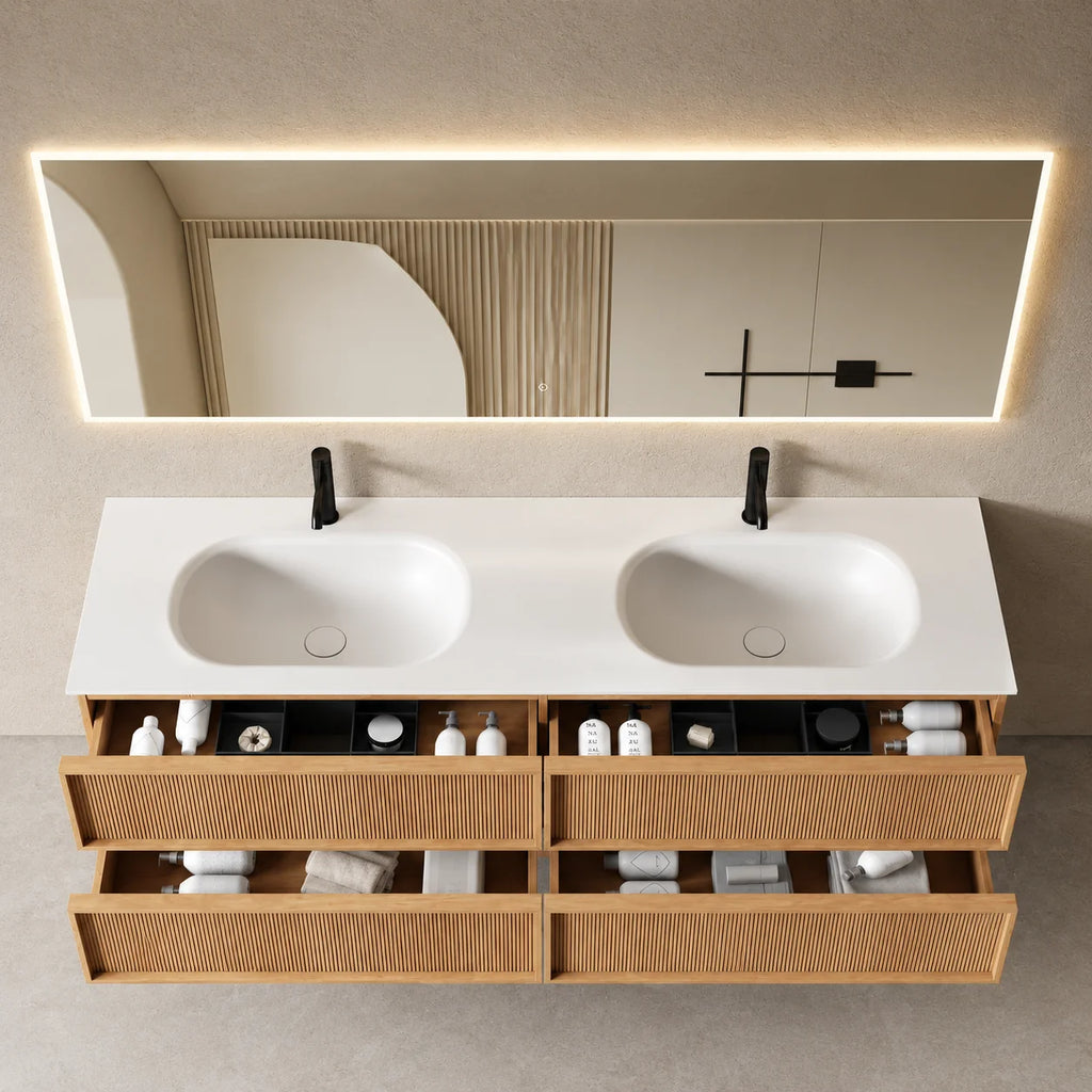 Meuble salle de bain, plan résine 180cm, chêne naturel - Noaï