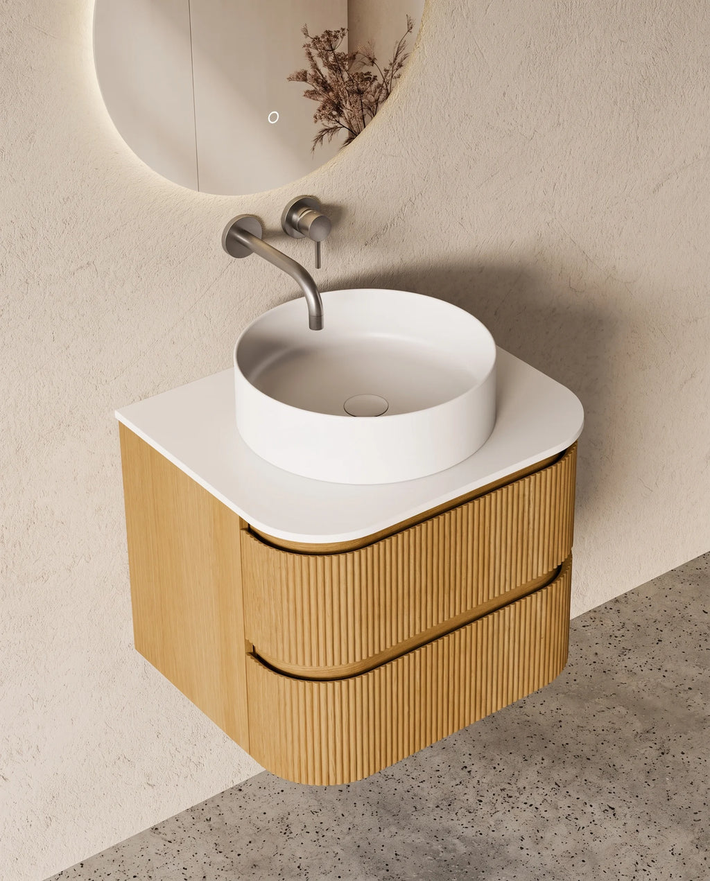 Meuble salle de bain arrondi suspendu chêne 60 cm – Atel