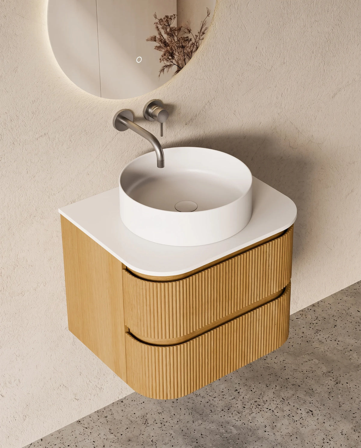 Meuble salle de bain arrondi suspendu chêne 60 cm – Atel