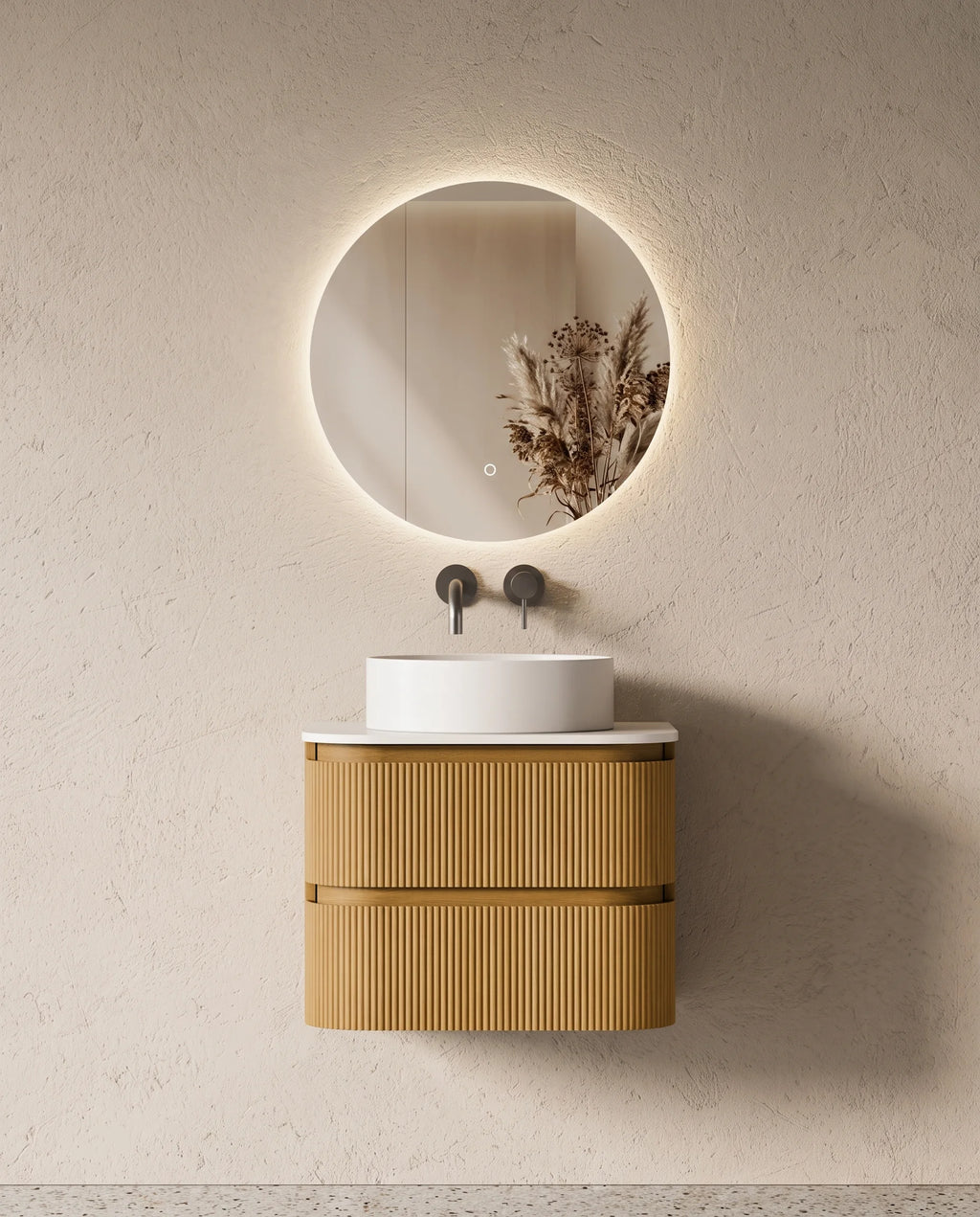 Meuble salle de bain arrondi suspendu chêne 60 cm – Atel