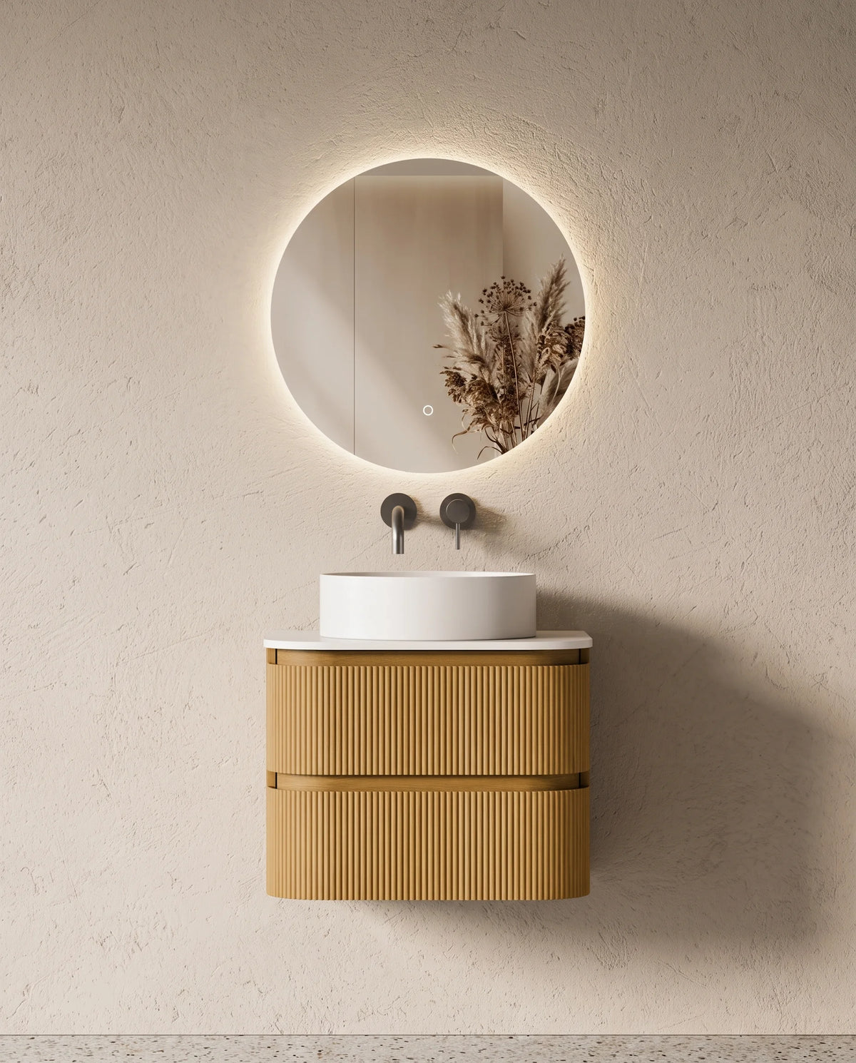 Meuble salle de bain arrondi suspendu chêne 60 cm – Atel