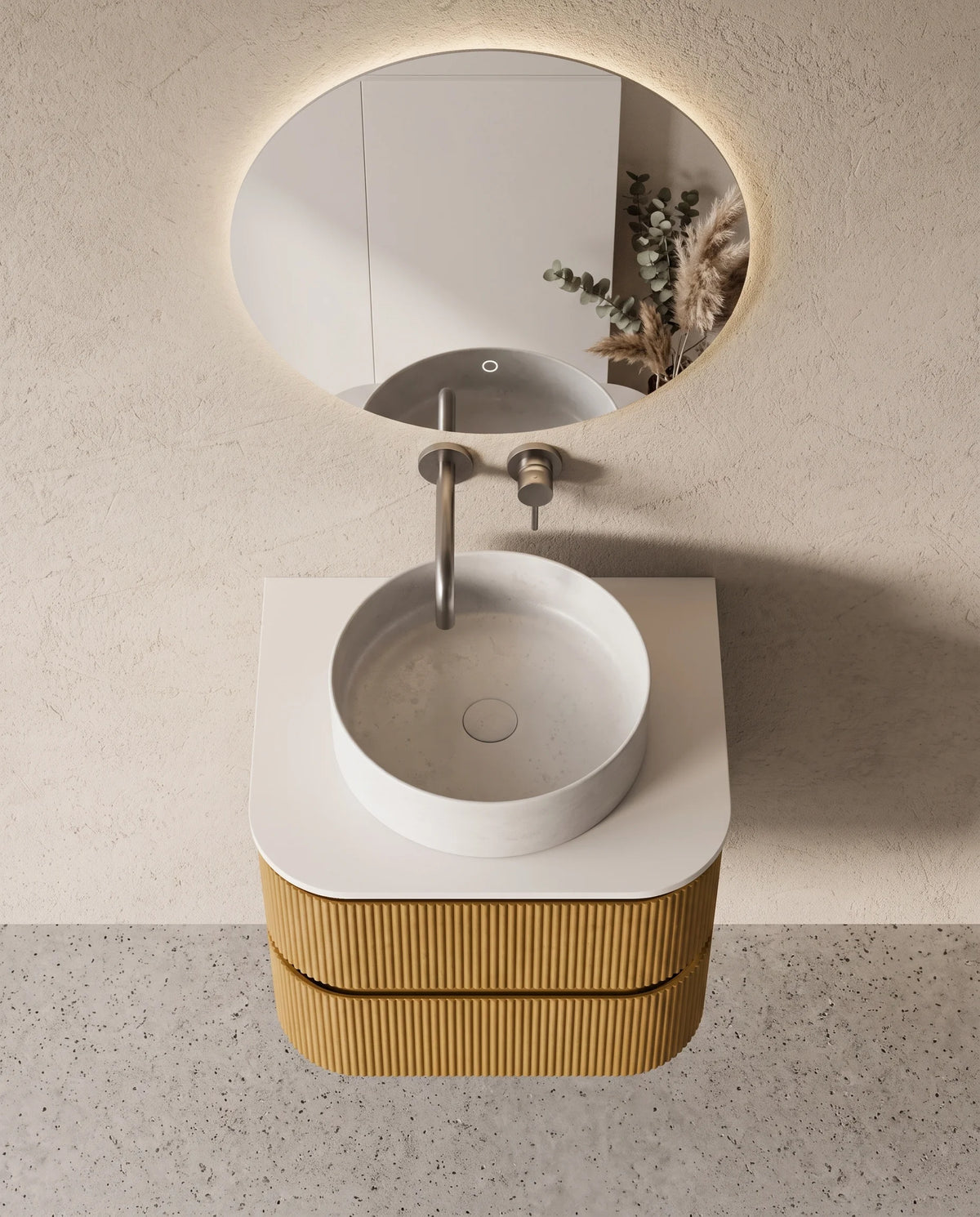 Meuble salle de bain arrondi suspendu chêne 60 cm – Atel
