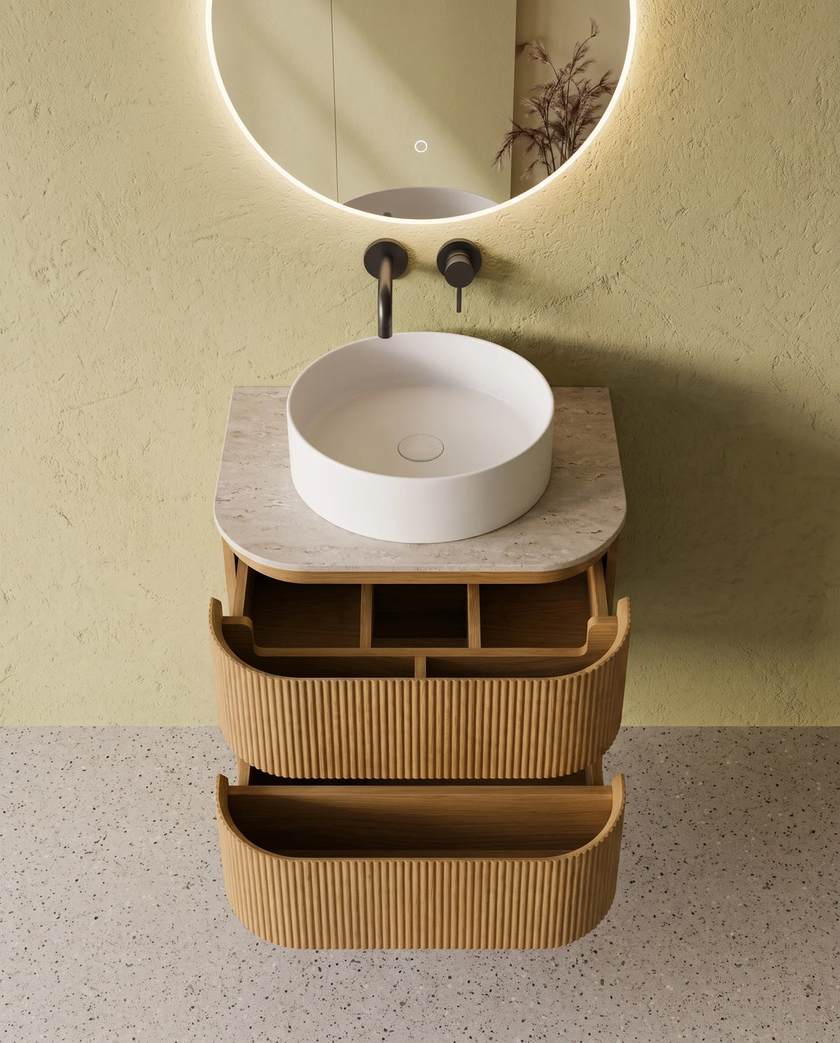 Meuble salle de bain arrondi suspendu chêne 60 cm – Atel