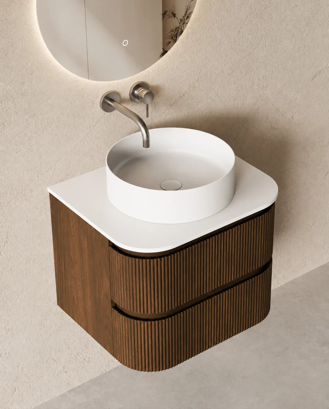 Meuble vasque arrondi Atel 60x50 cm – Noyer et vasque ronde 40 cm