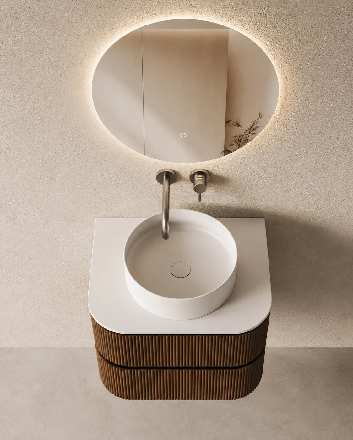 Meuble vasque arrondi Atel 60x50 cm – Noyer et vasque ronde 40 cm