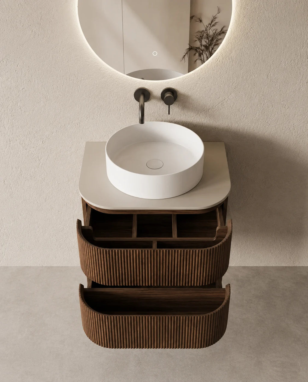 Meuble vasque arrondi Atel 60x50 cm – Noyer et vasque ronde 40 cm