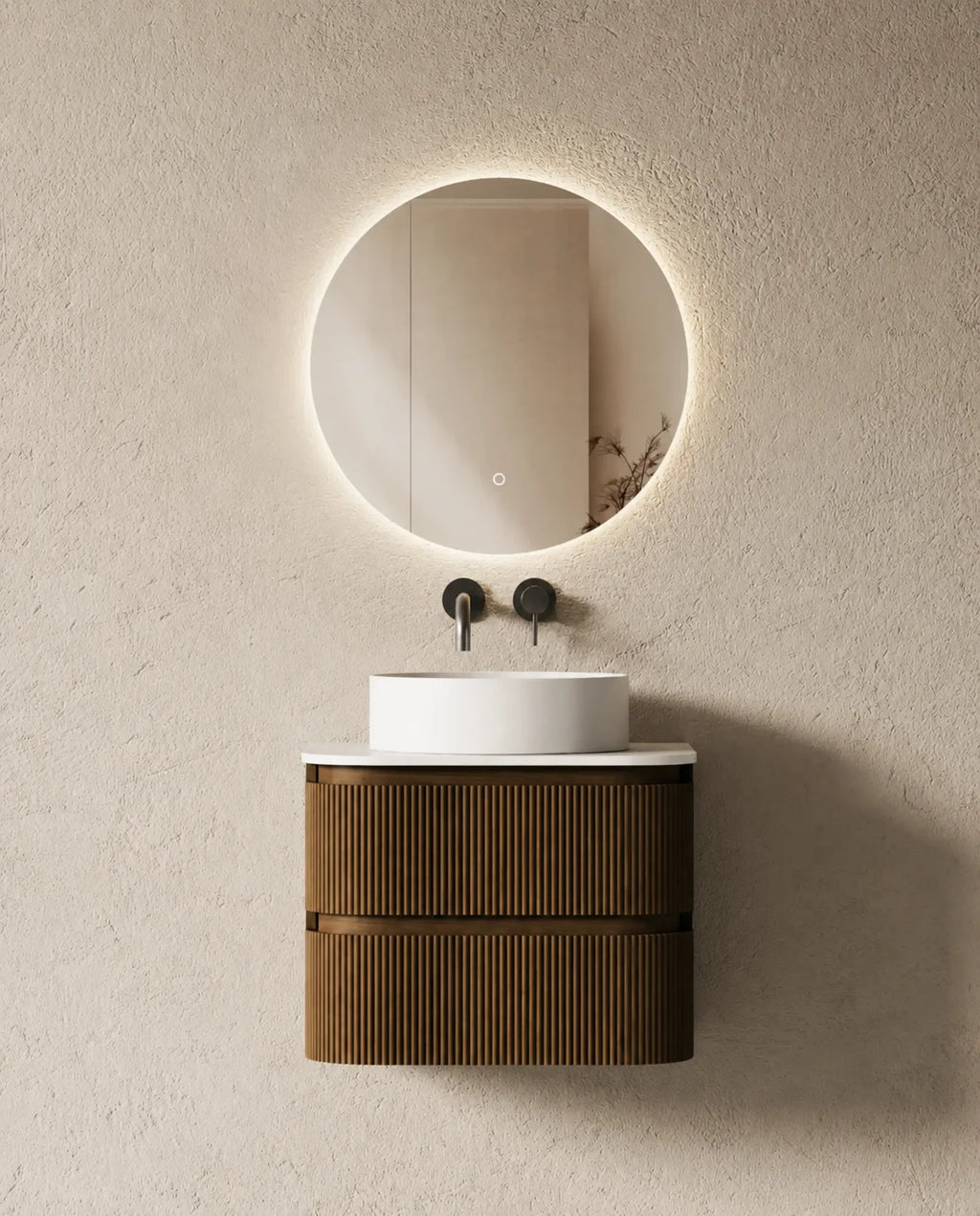 Meuble vasque arrondi Atel 60x50 cm – Noyer et vasque ronde 40 cm