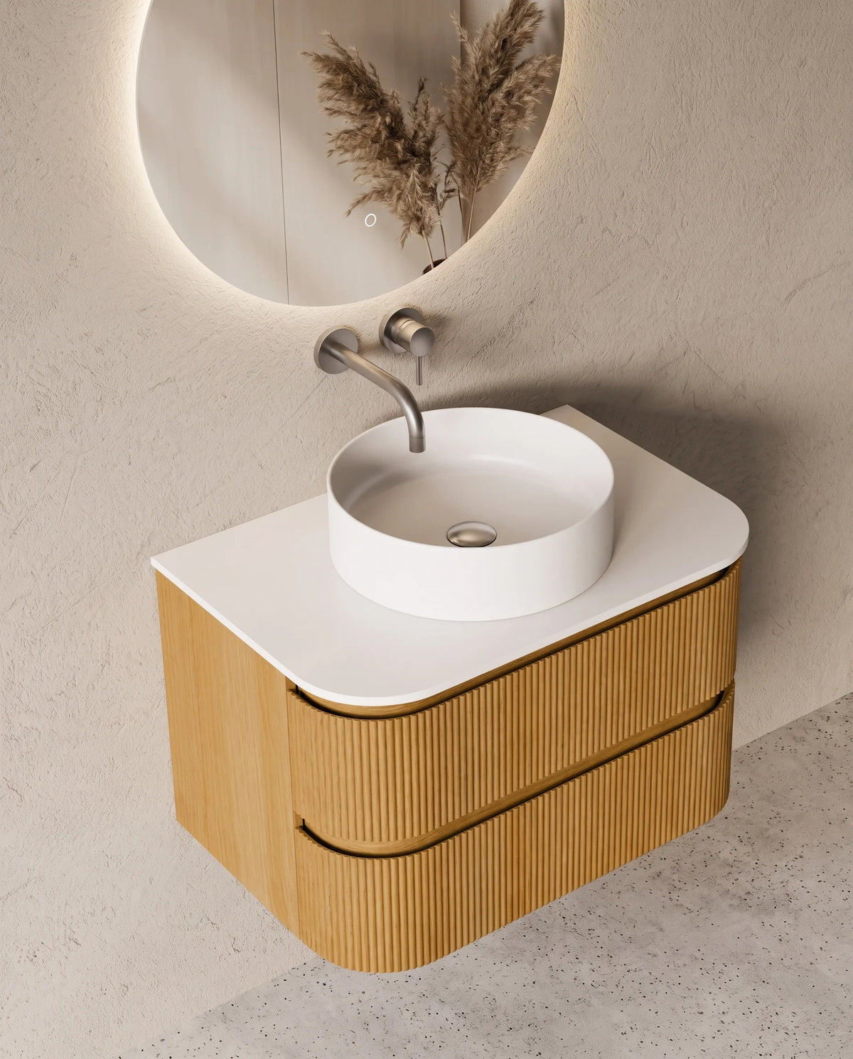 Meuble salle de bain chêne suspendu galbé 75 cm– Atel
