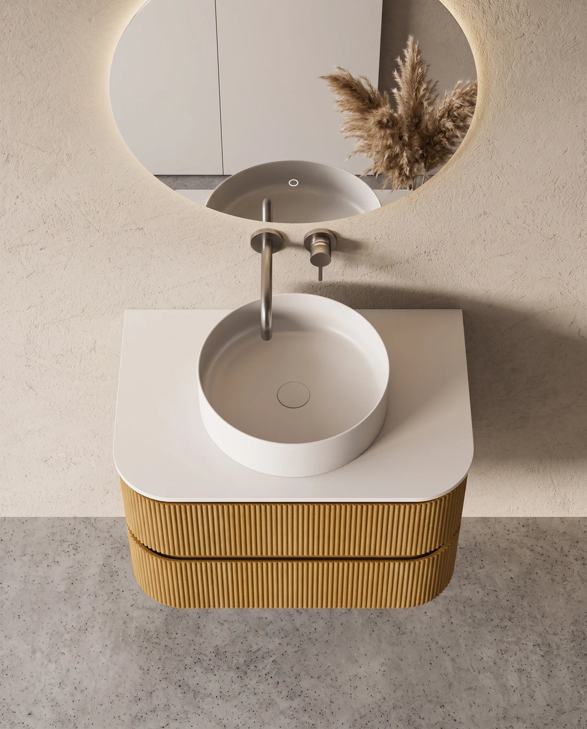 Meuble salle de bain chêne suspendu galbé 75 cm– Atel