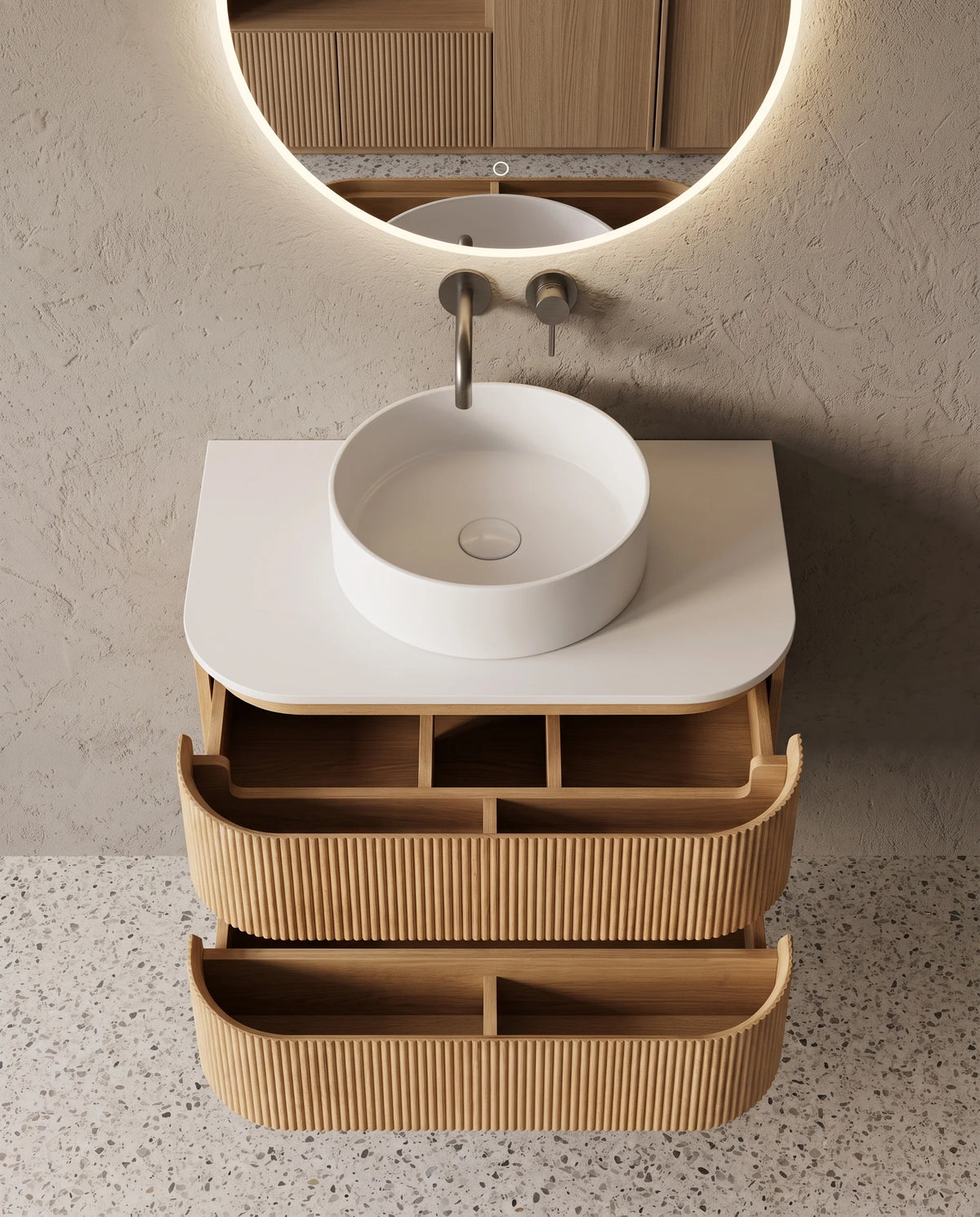 Meuble salle de bain chêne suspendu galbé 75 cm– Atel