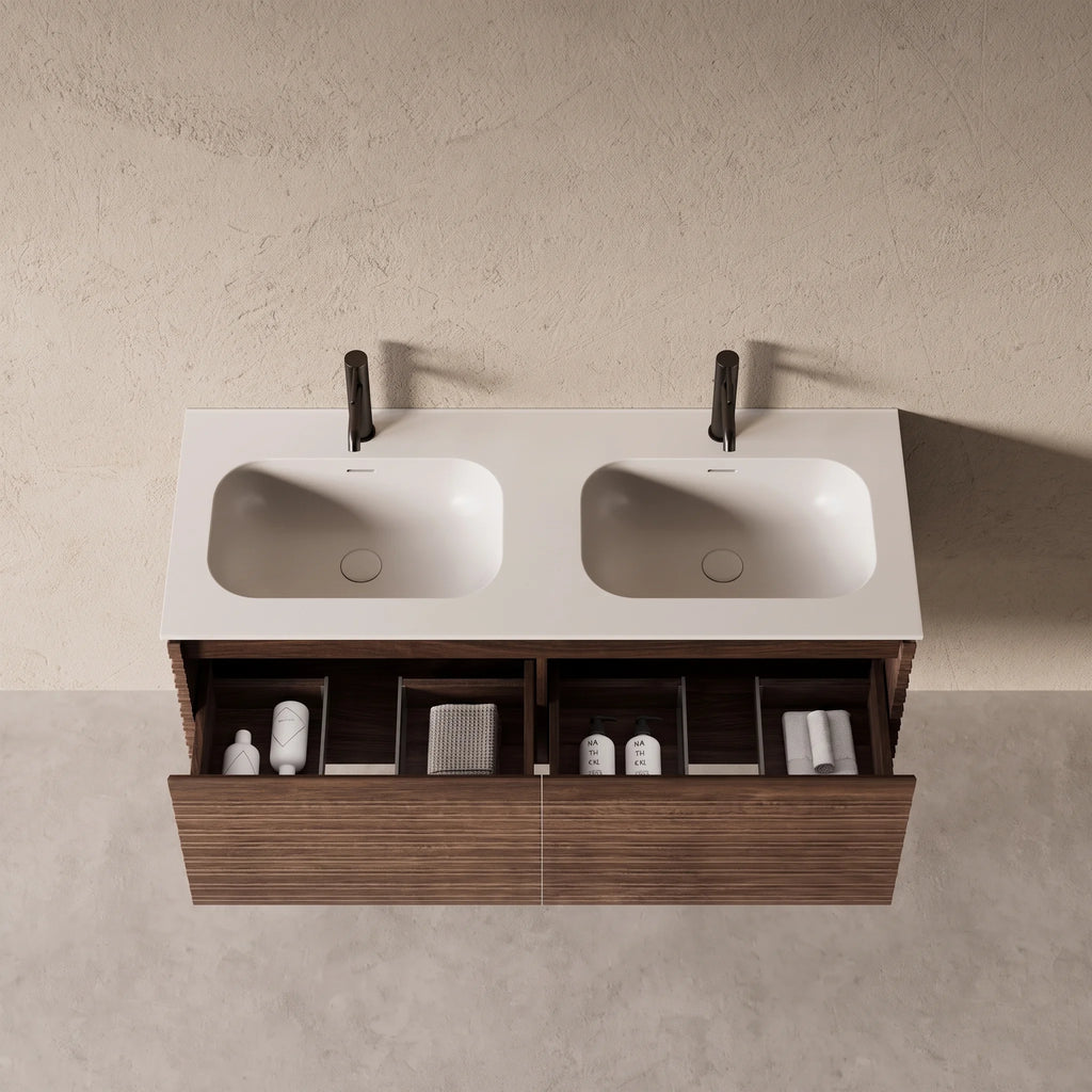 Meuble salle de bain double vasque 120cm noyer cannelé - Orion