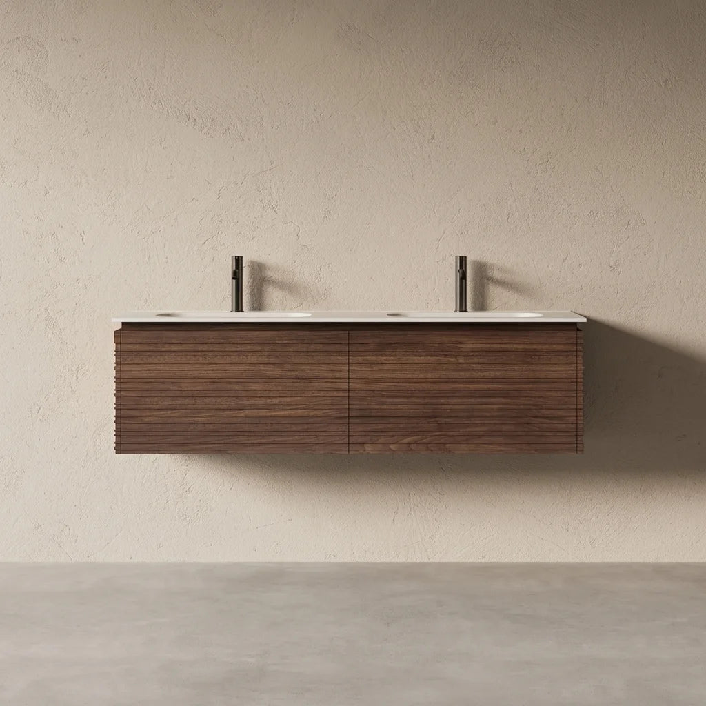 Meuble salle de bain double vasque 150cm noyer cannelé - Orion