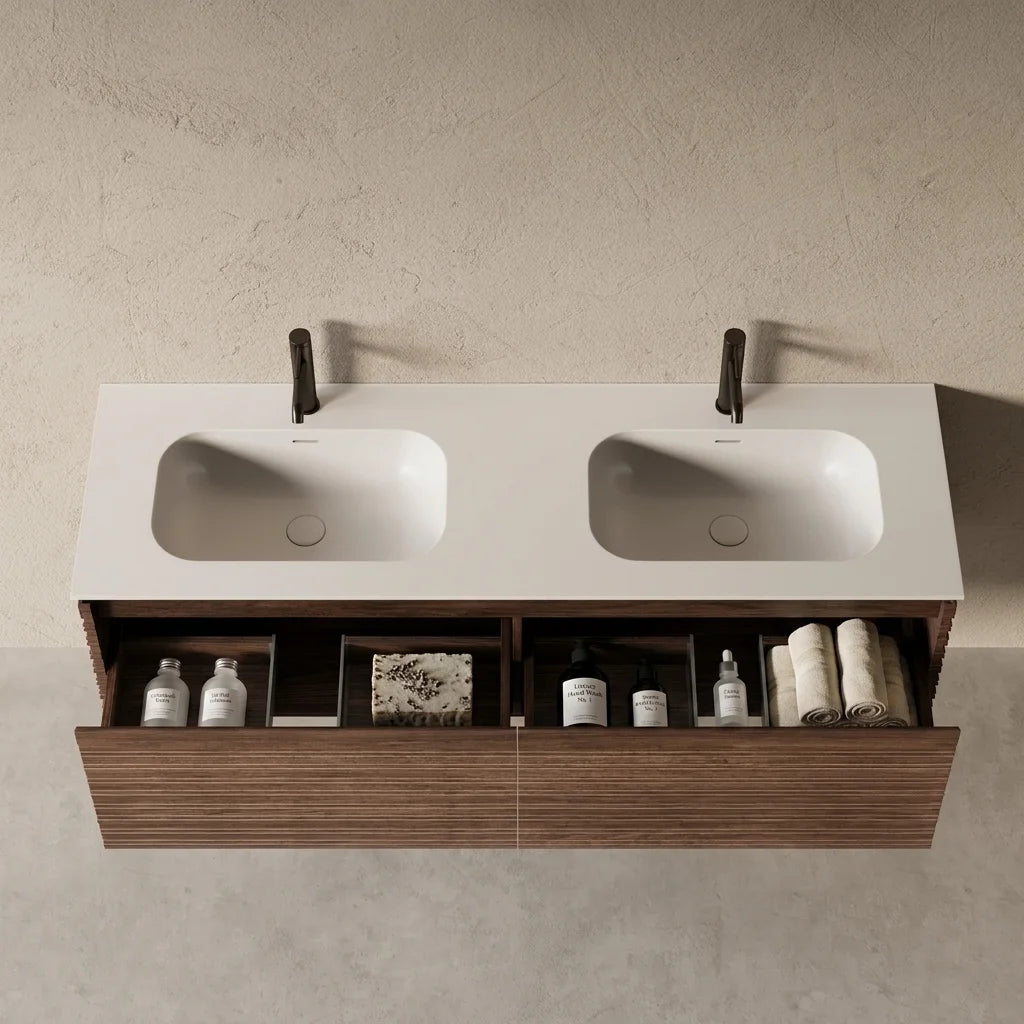 Meuble salle de bain double vasque 150cm noyer cannelé - Orion