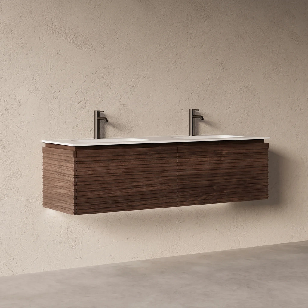 Meuble salle de bain double vasque 150cm noyer cannelé - Orion