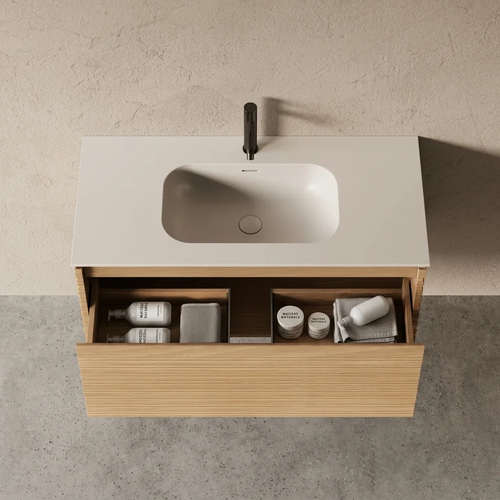 Meuble salle de bain simple vasque 100cm chêne naturel - Orion