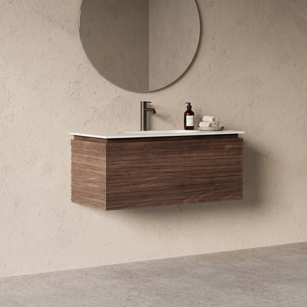 Meuble salle de bain simple vasque 100cm noyer cannelé - Orion