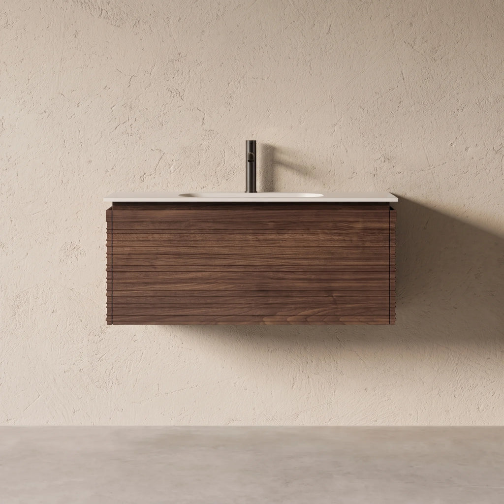 Meuble salle de bain simple vasque 100cm noyer cannelé - Orion