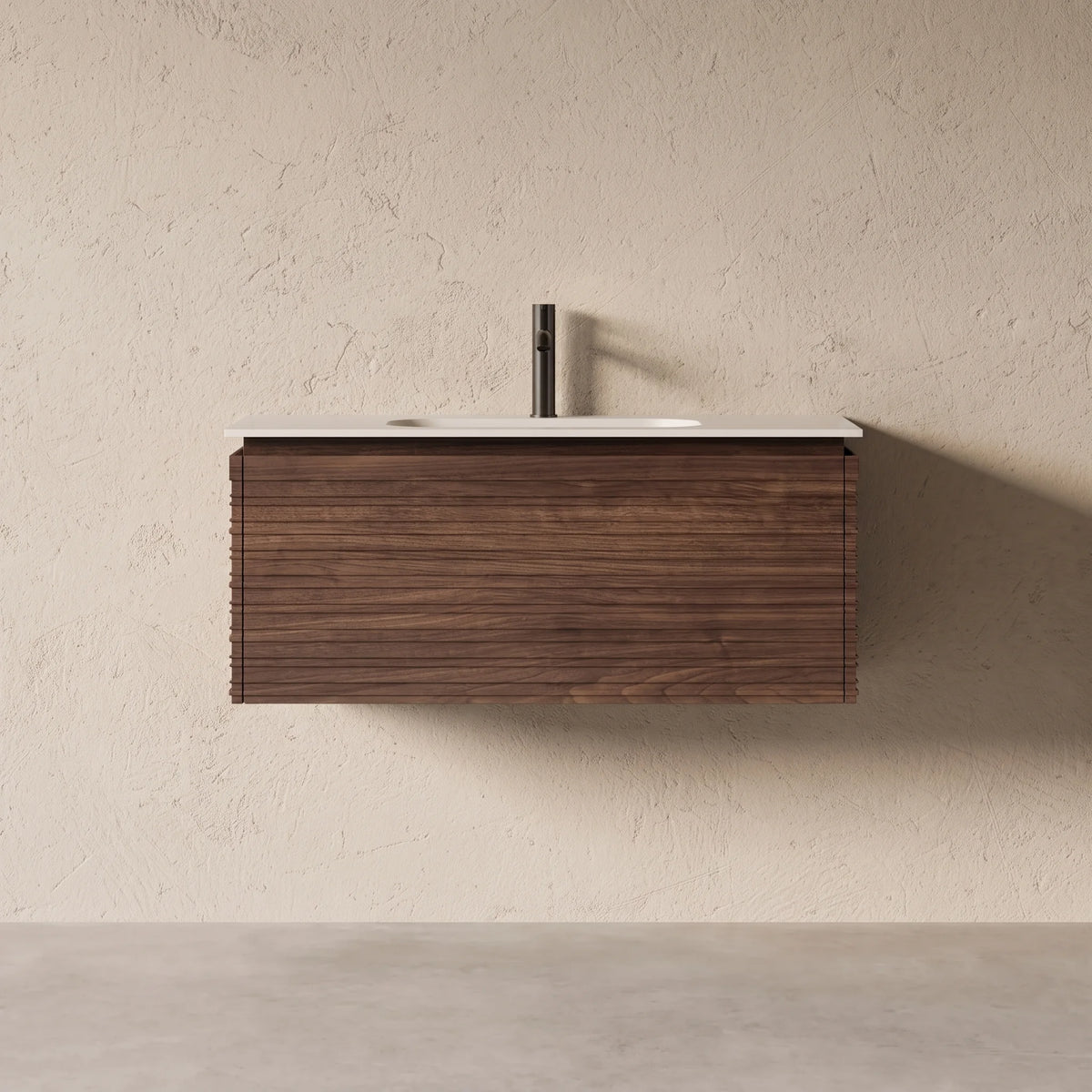 Meuble salle de bain simple vasque 100cm noyer cannelé - Orion