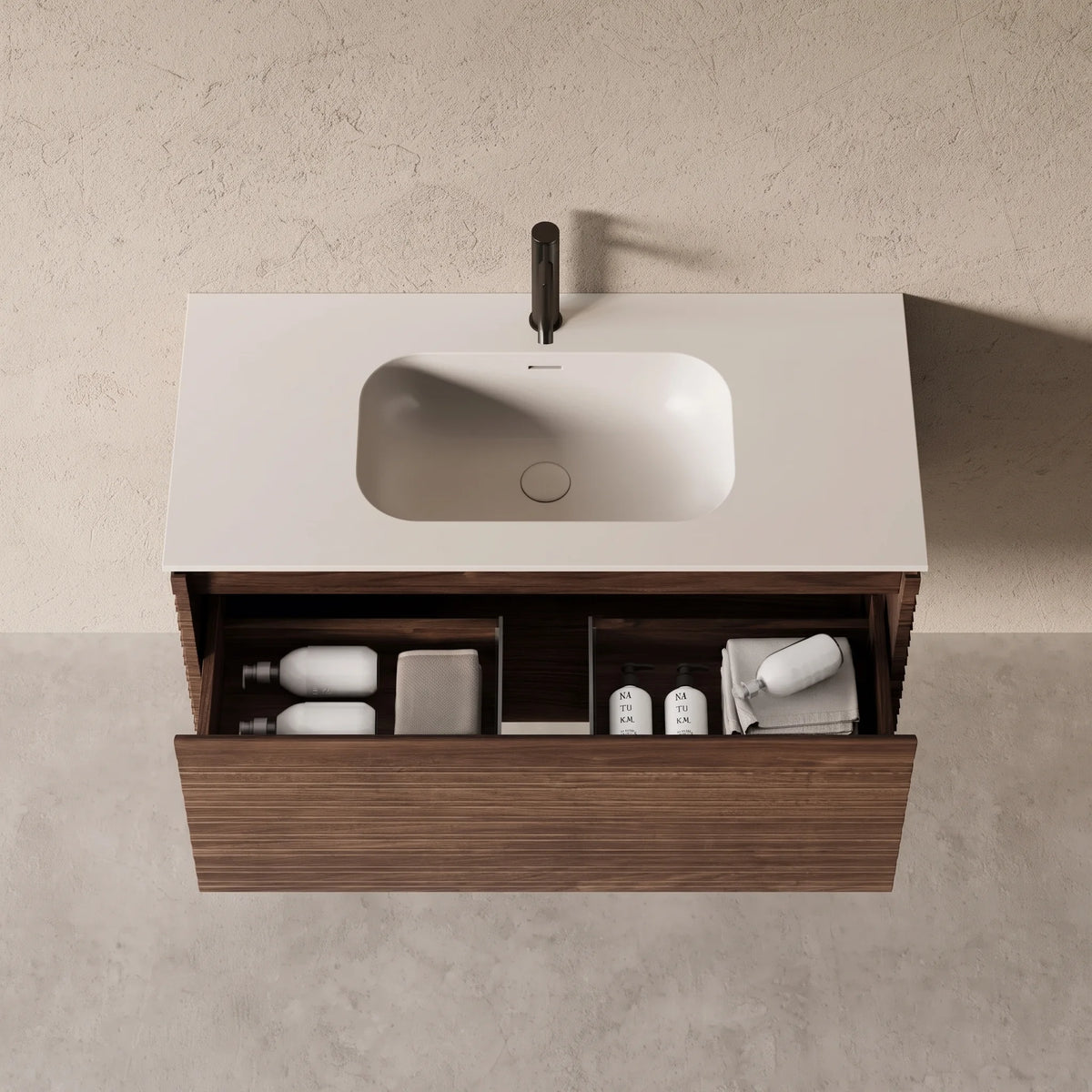 Meuble salle de bain simple vasque 100cm noyer cannelé - Orion