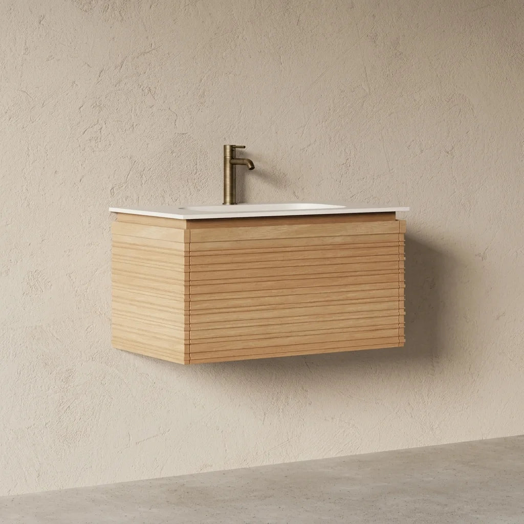 Meuble salle de bain simple vasque 80cm chêne naturel - Orion