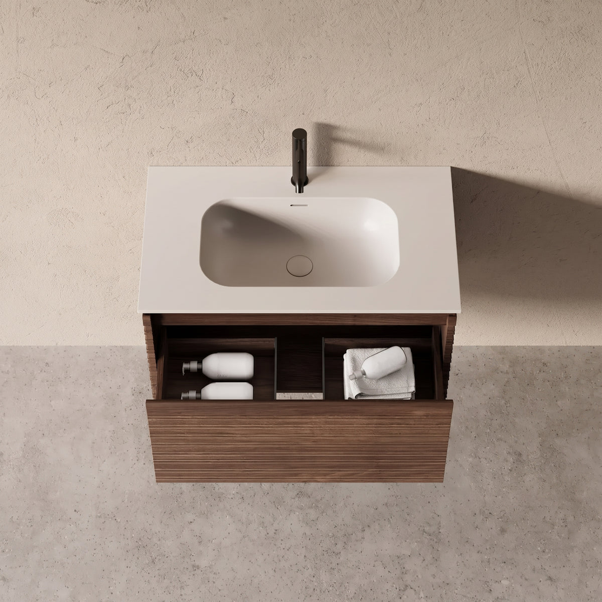 Meuble salle de bain simple vasque 80cm noyer cannelé - Orion