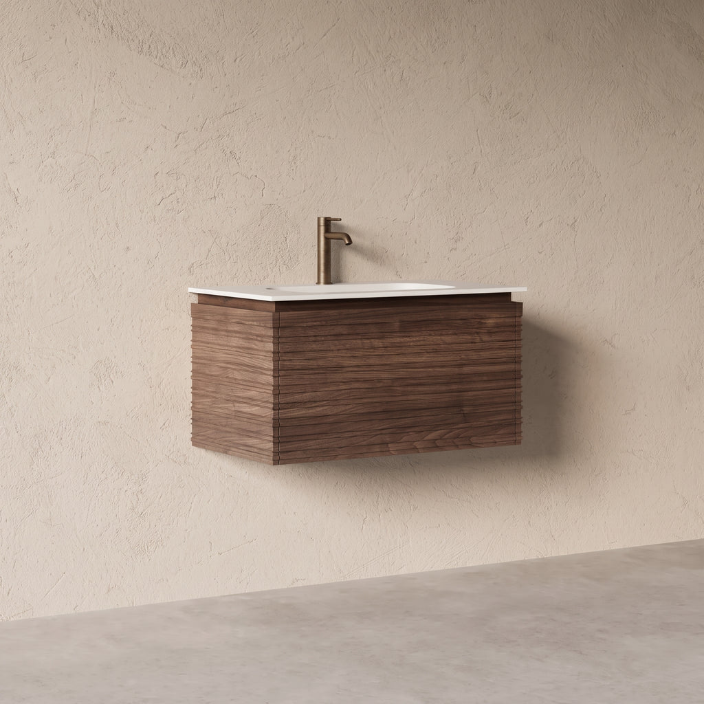 Meuble salle de bain simple vasque 80cm noyer cannelé - Orion
