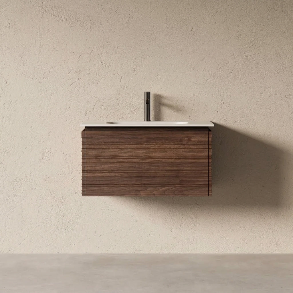 Meuble salle de bain simple vasque 80cm noyer cannelé - Orion