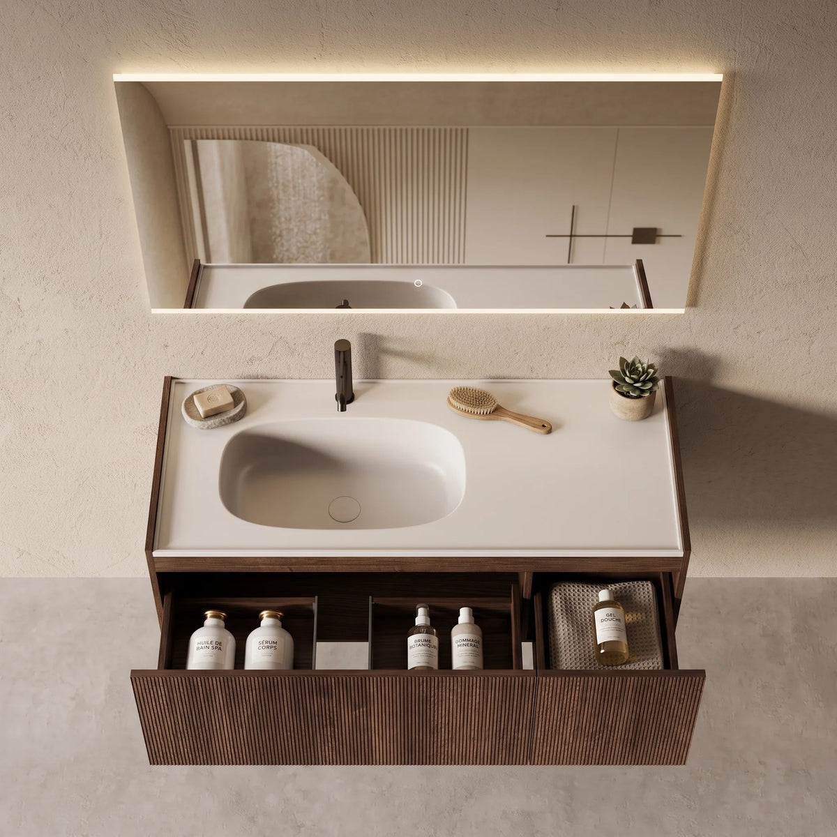 Meuble vasque suspendu Lorel 120 cm – Bois cannelé noyer et résine blanc mat