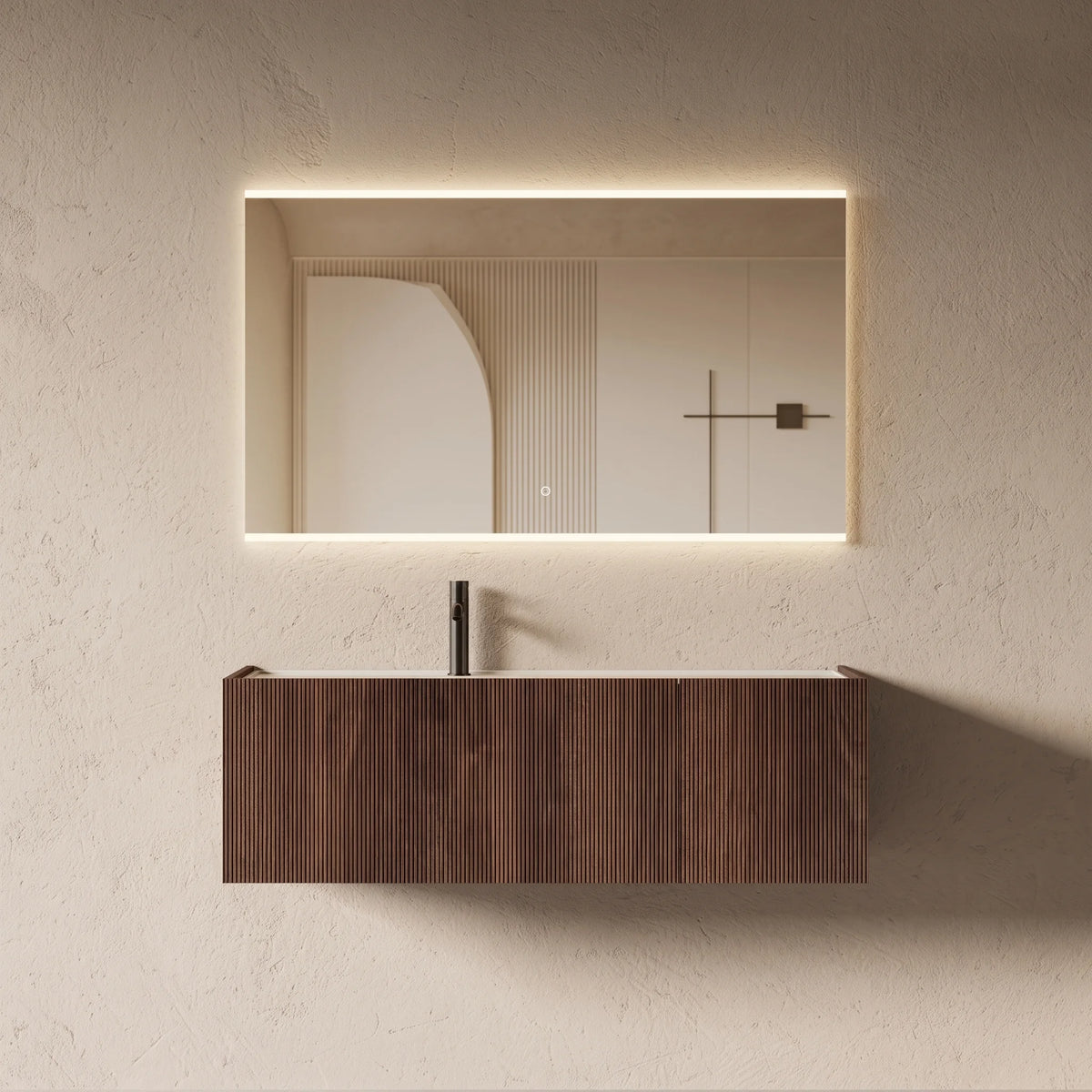Meuble vasque suspendu Lorel 120 cm – Bois cannelé noyer et résine blanc mat