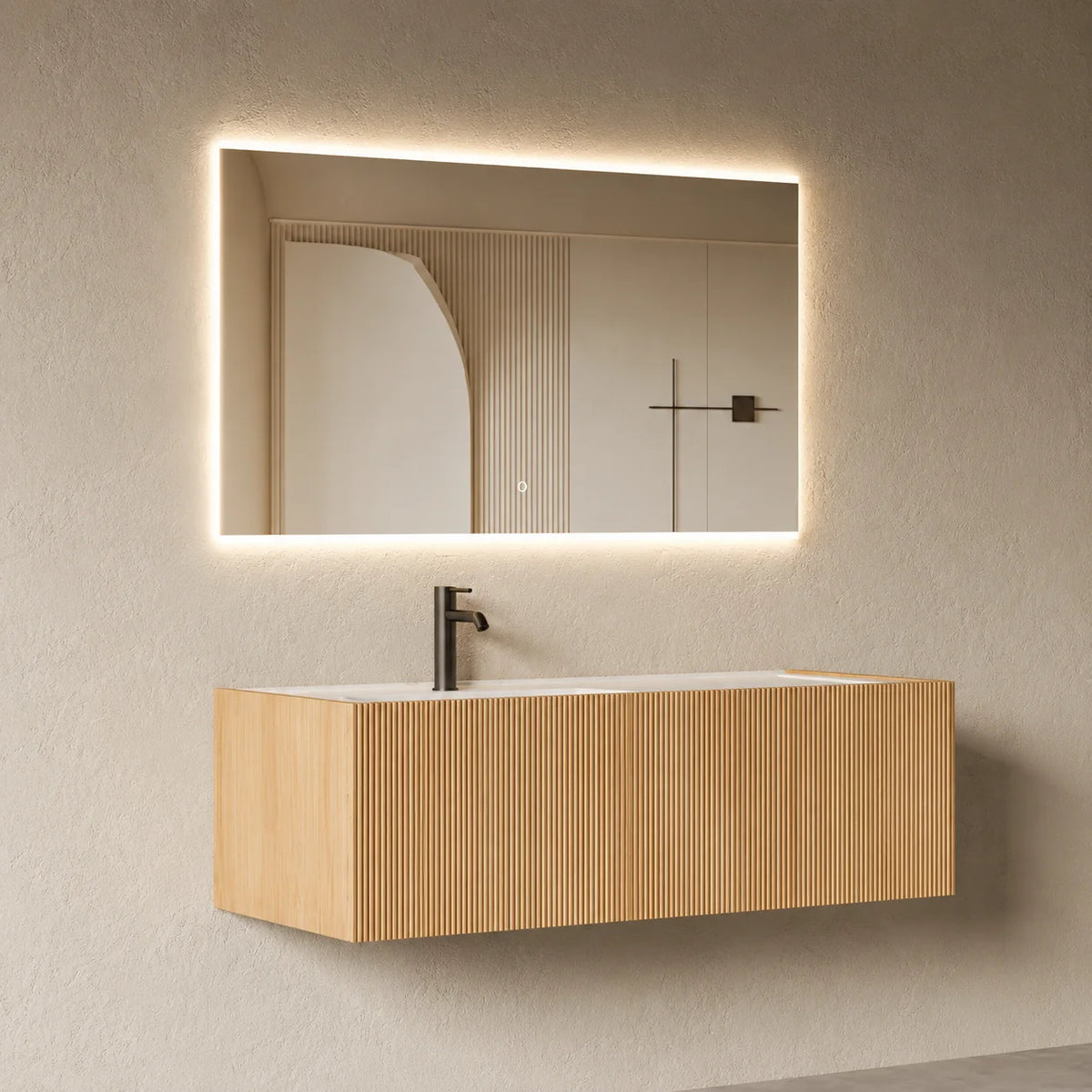 Meuble vasque suspendu Lorel 120 cm – Bois cannelé chêne naturel et résine blanc mat