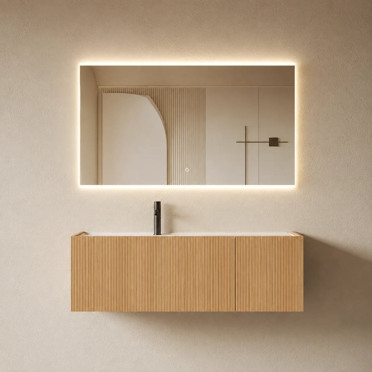 Meuble vasque suspendu Lorel 120 cm – Bois cannelé chêne naturel et résine blanc mat