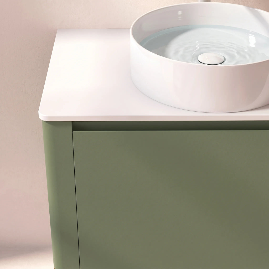 Meuble suspendu Parthéon 80 cm – Laqué vert jonc mat et plan en résine blanc brillant