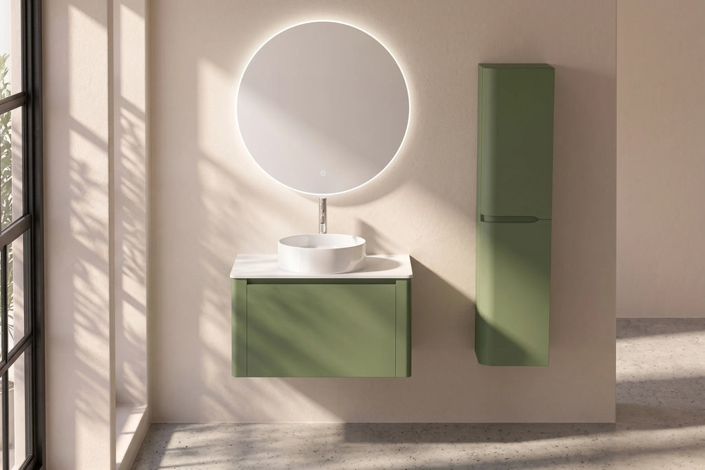 Meuble suspendu Parthéon 80 cm – Laqué vert jonc mat et plan en résine blanc brillant