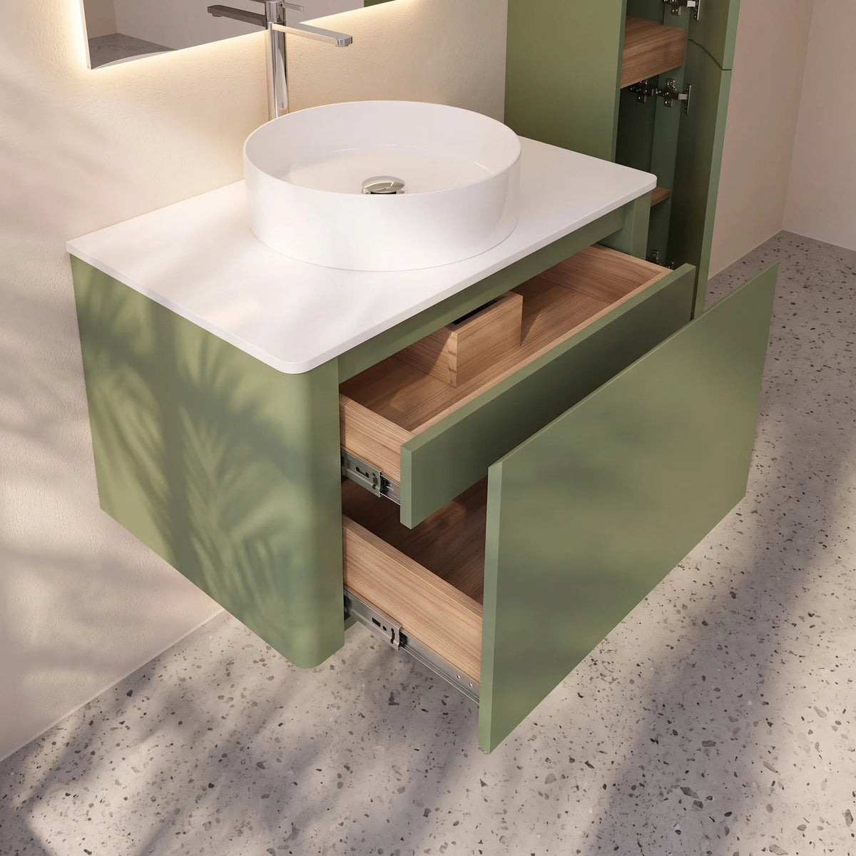 Meuble suspendu Parthéon 80 cm – Laqué vert jonc mat et plan en résine blanc brillant