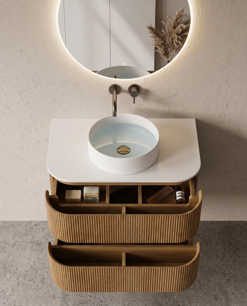 Meuble vasque arrondi suspendu en chêne 80 cm – Atel