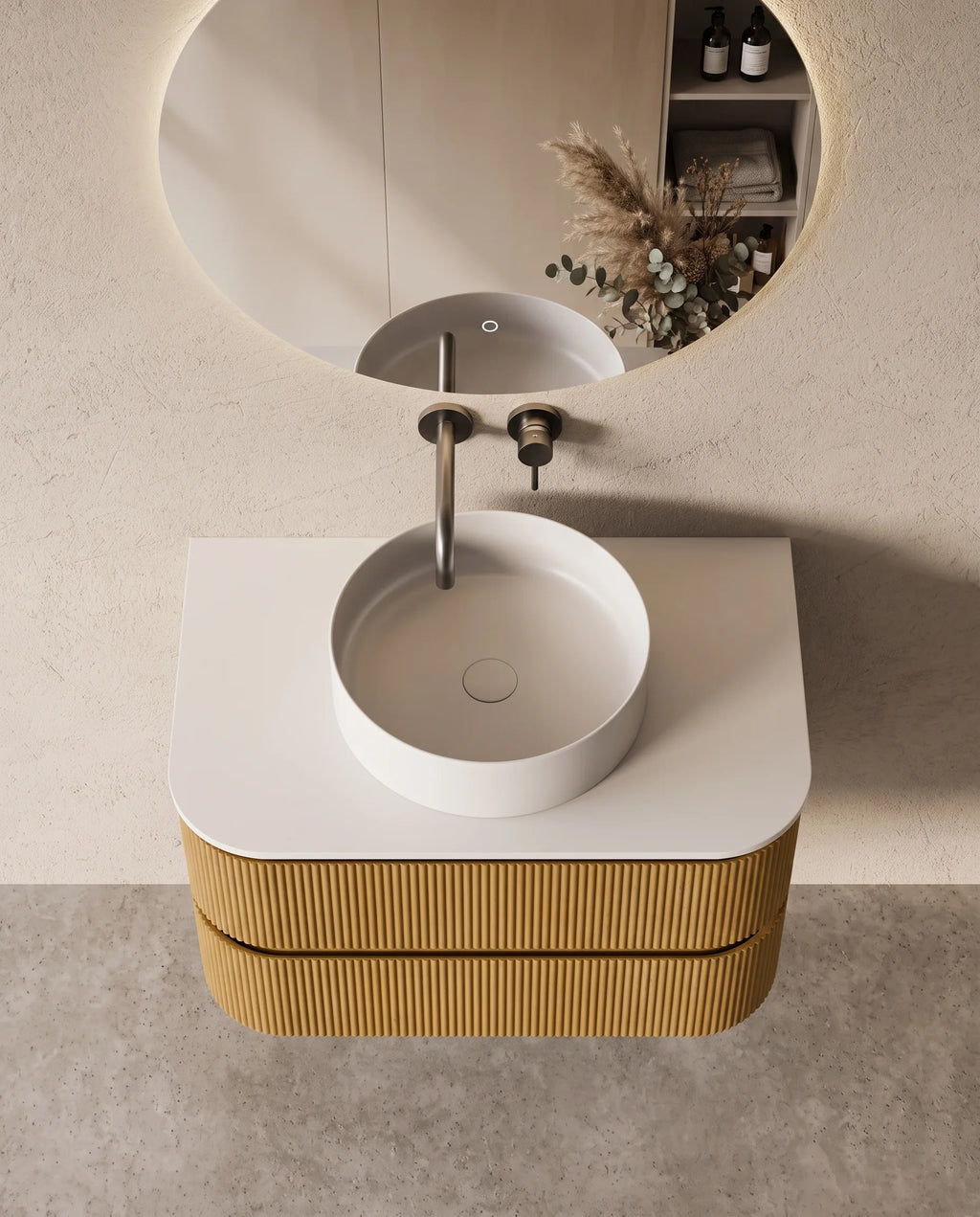 Meuble vasque arrondi suspendu en chêne 80 cm – Atel