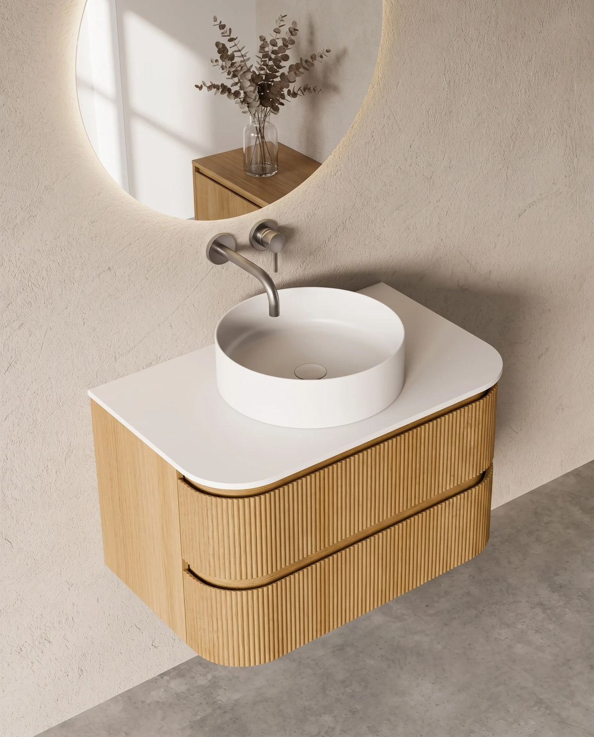 Meuble vasque arrondi suspendu en chêne 80 cm – Atel