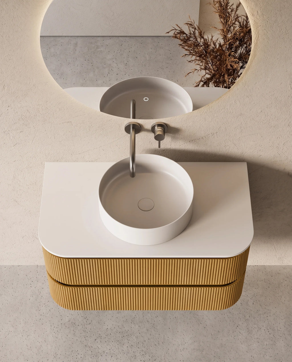 Meuble vasque arrondi suspendu en chêne 90 cm – Atel