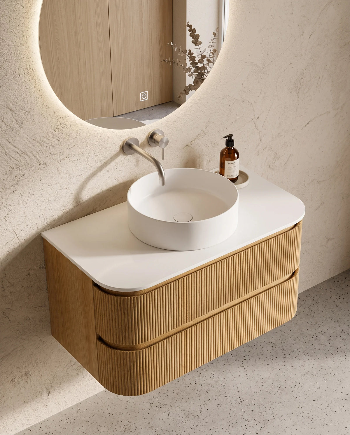 Meuble vasque arrondi suspendu en chêne 90 cm – Atel