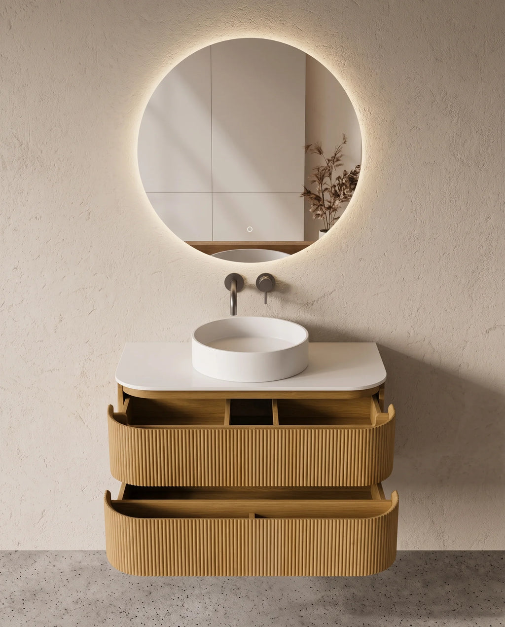 Meuble vasque arrondi suspendu en chêne 90 cm – Atel