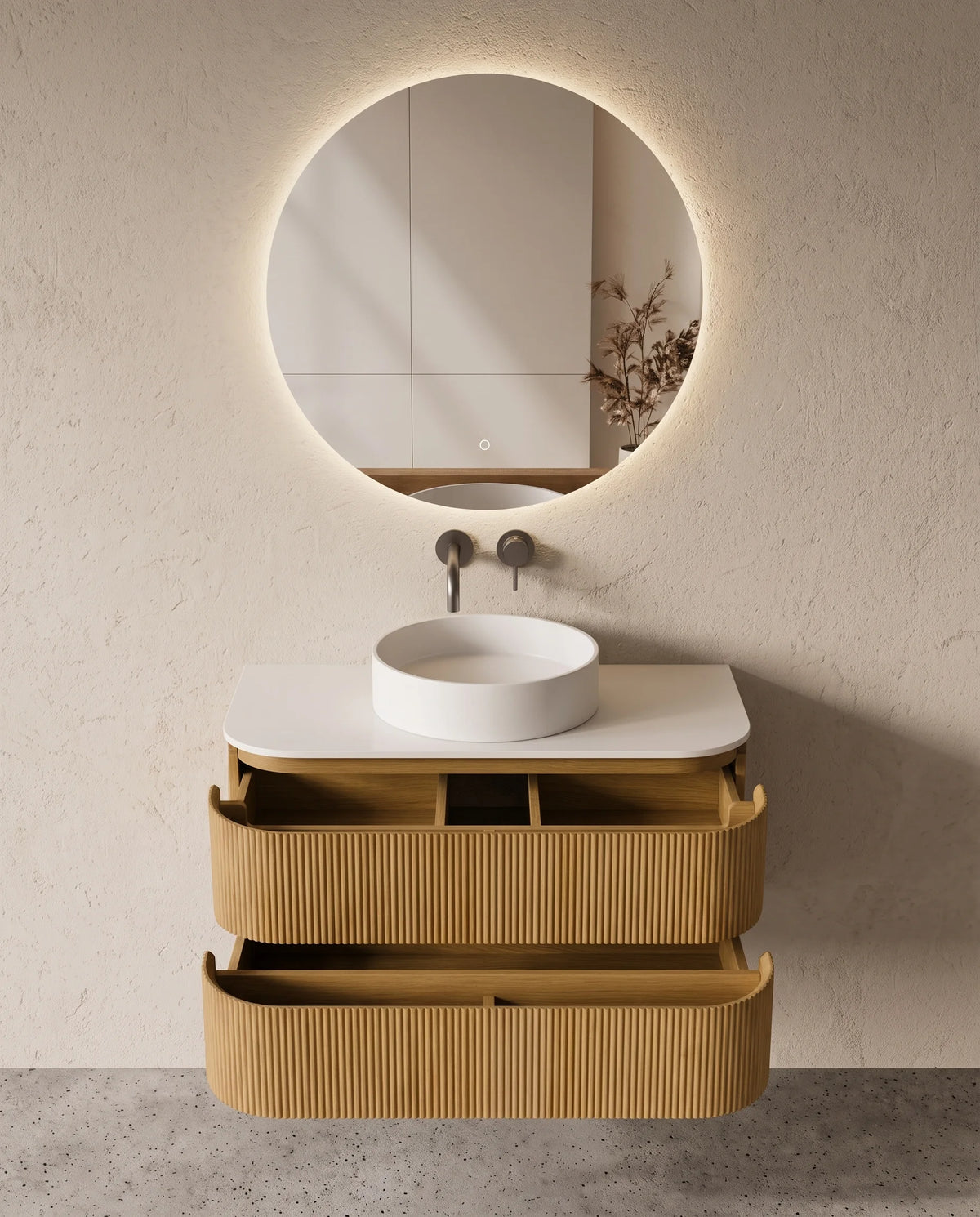 Meuble vasque arrondi suspendu en chêne 90 cm – Atel