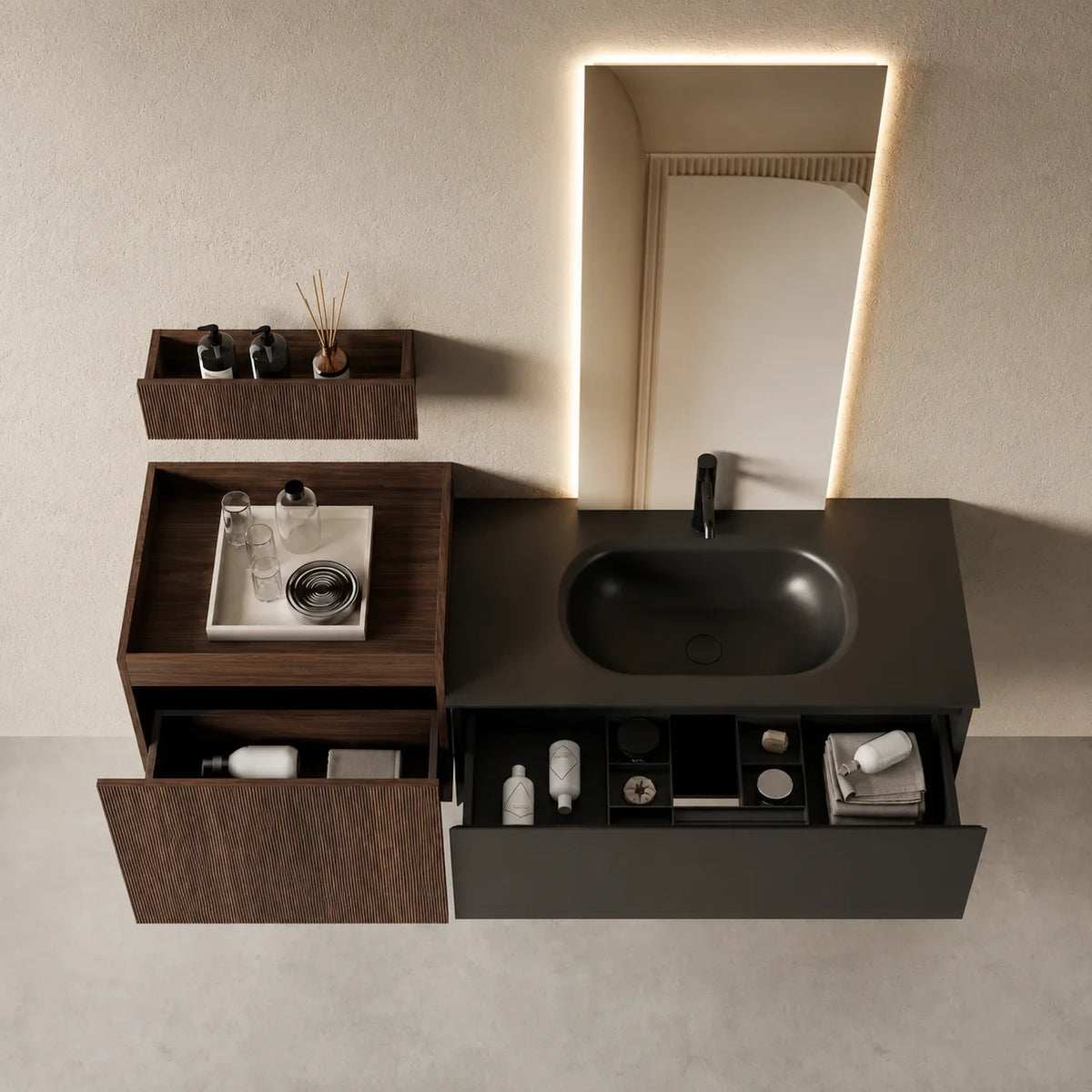Ensemble salle de bain modulaire Atol 160 cm – Bois cannelé noyer et résine anthracite mat