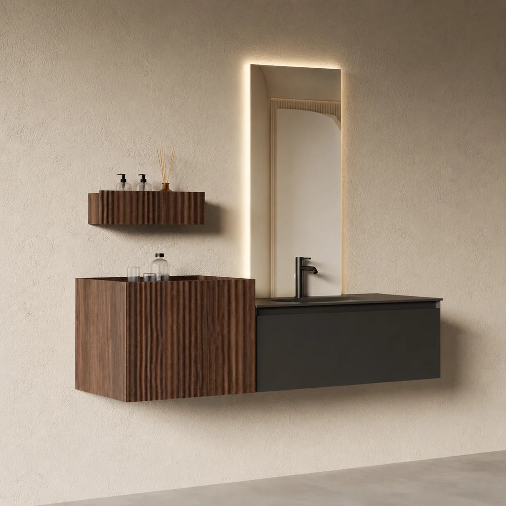 Ensemble salle de bain modulaire Atol 160 cm – Bois cannelé noyer et résine anthracite mat