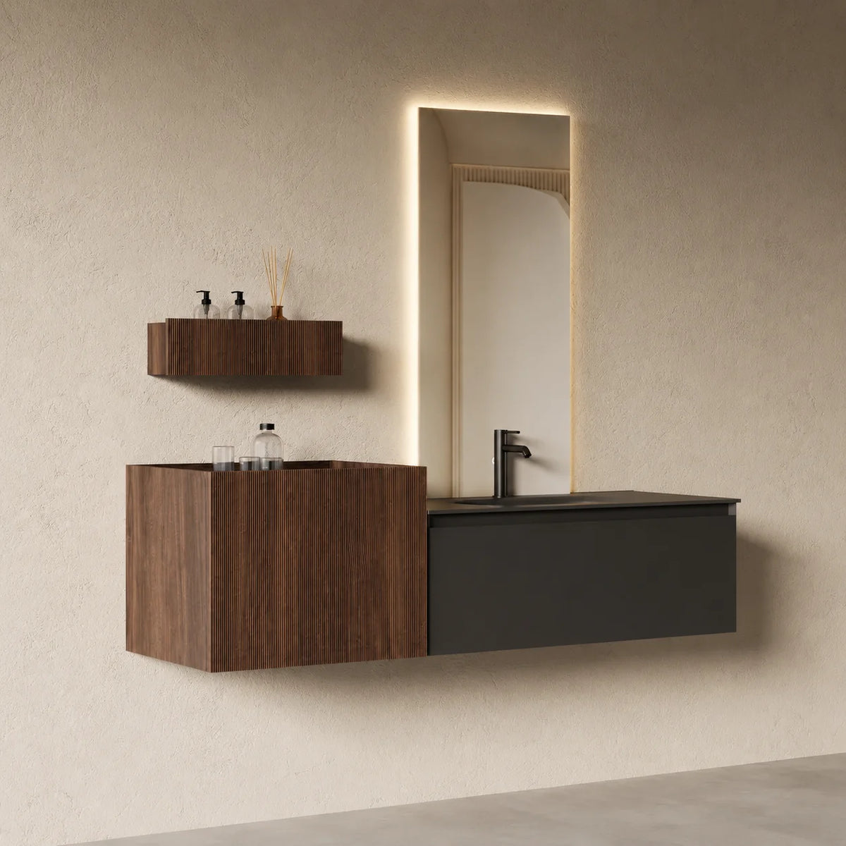 Ensemble salle de bain modulaire Atol 160 cm – Bois cannelé noyer et résine anthracite mat