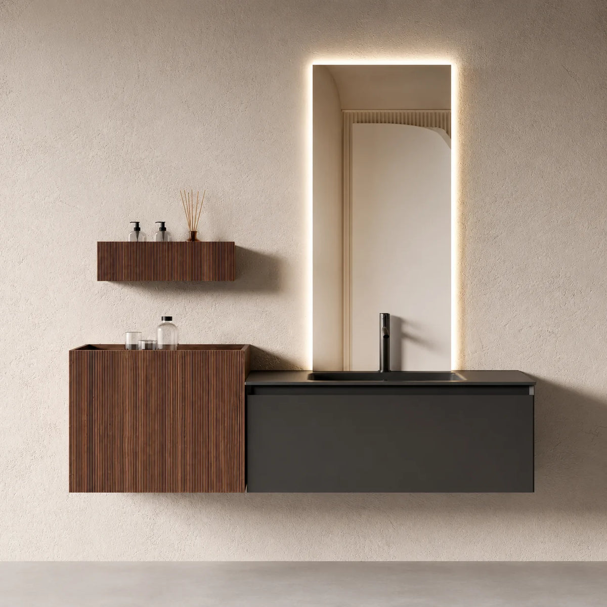 Ensemble salle de bain modulaire Atol 160 cm – Bois cannelé noyer et résine anthracite mat