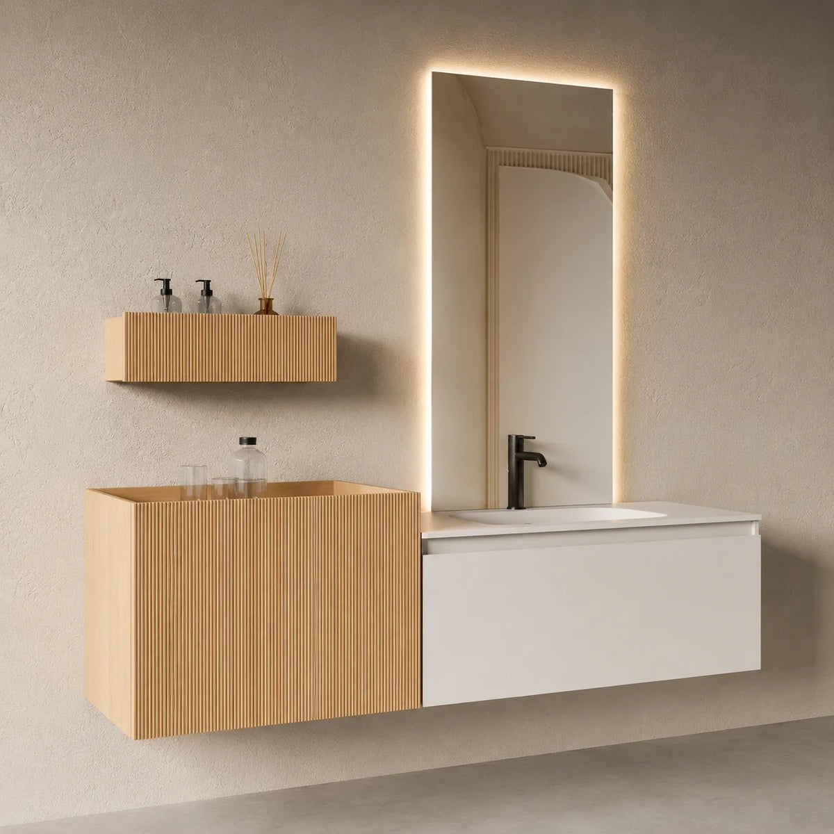 Ensemble salle de bain modulaire Atol 160 cm – Chêne naturel et résine beige mat