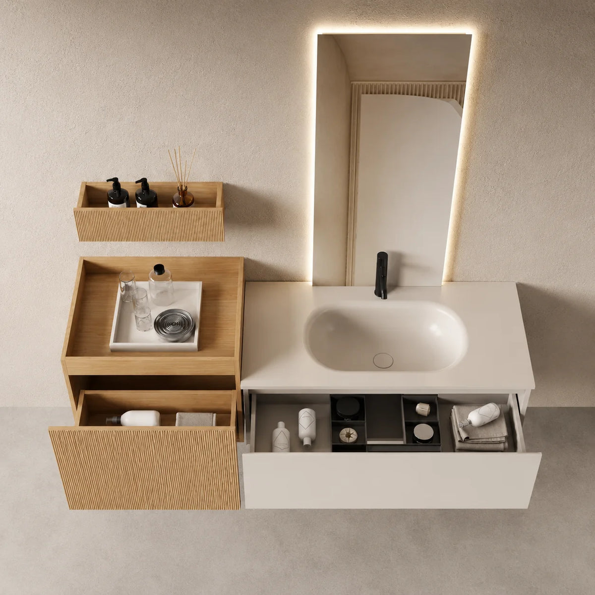 Ensemble salle de bain modulaire Atol 160 cm – Chêne naturel et résine beige mat