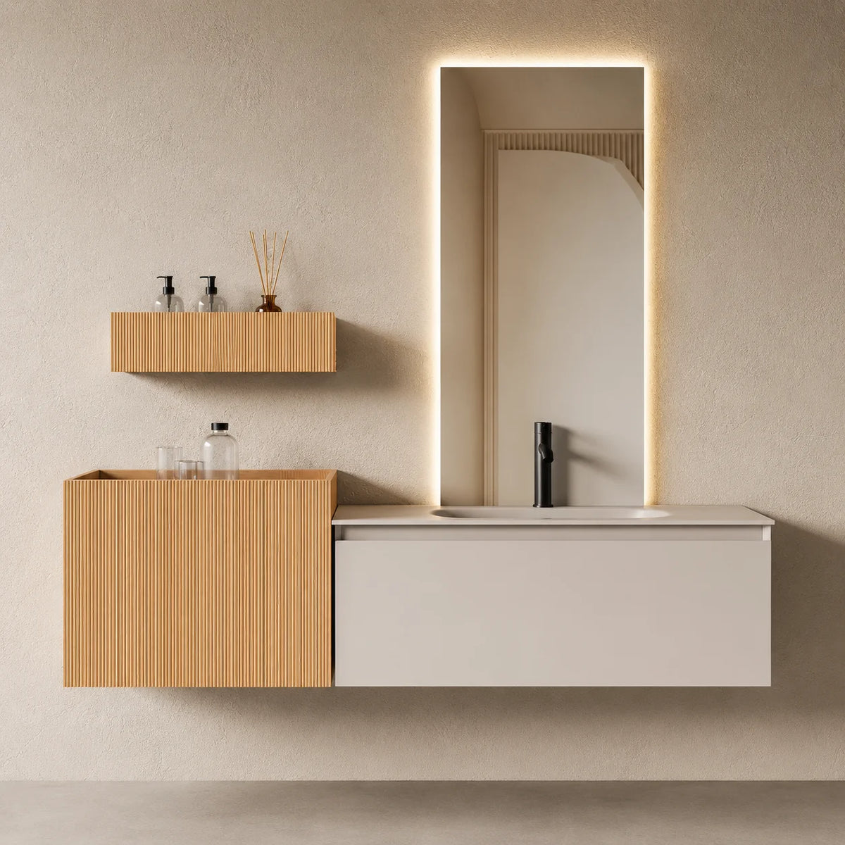 Ensemble salle de bain modulaire Atol 160 cm – Chêne naturel et résine beige mat