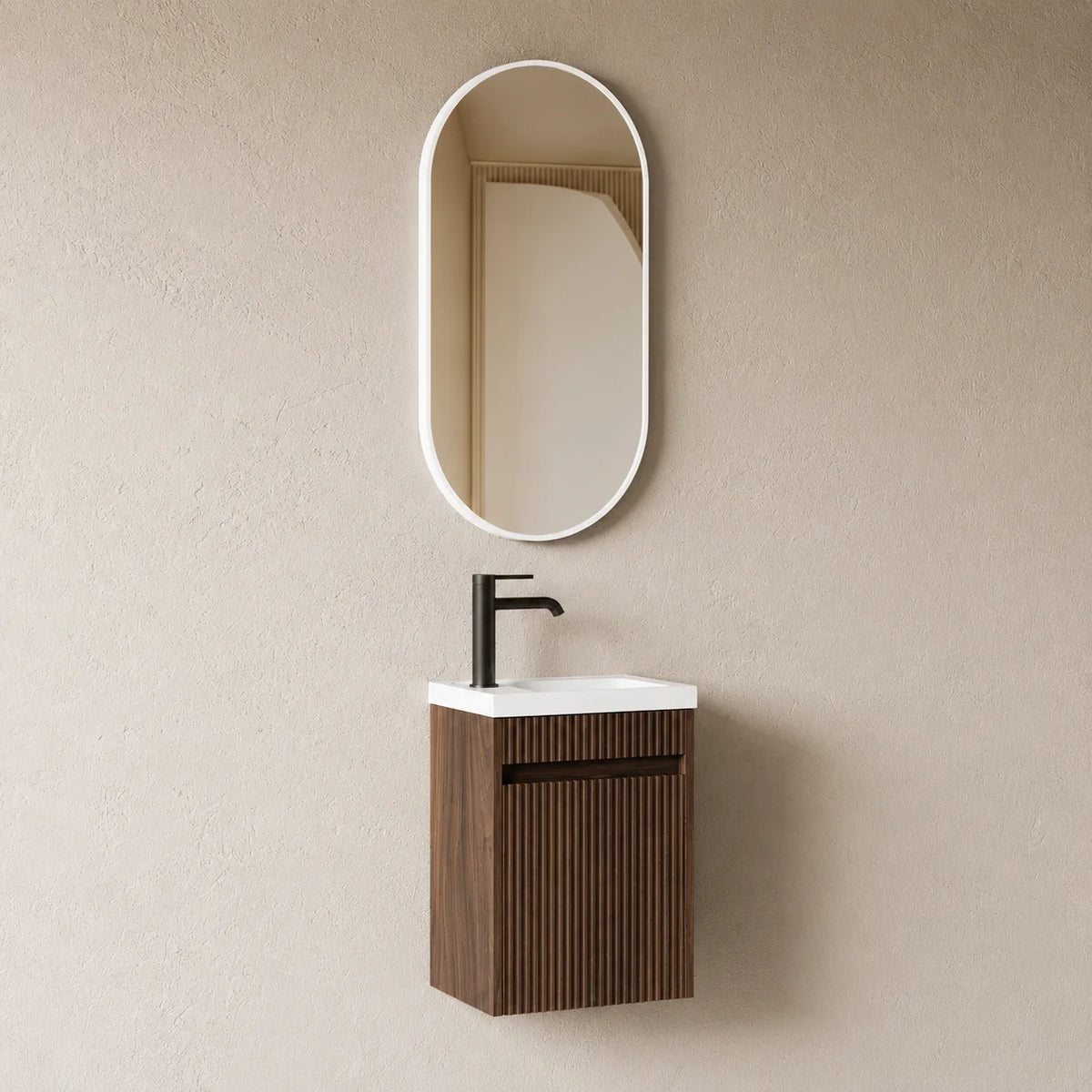 Lave-mains suspendu Léa 39 cm – Noyer cannelé et résine blanc mat