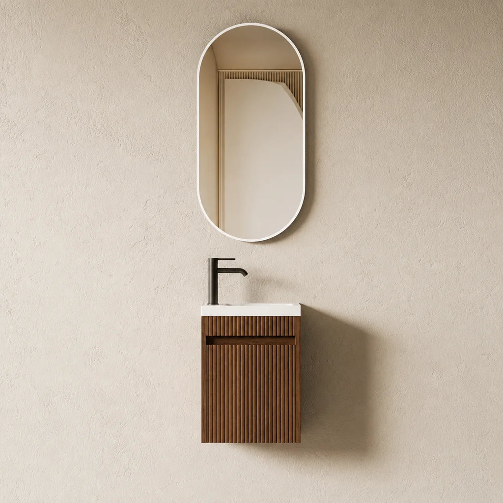 Lave-mains suspendu Léa 39 cm – Noyer cannelé et résine blanc mat
